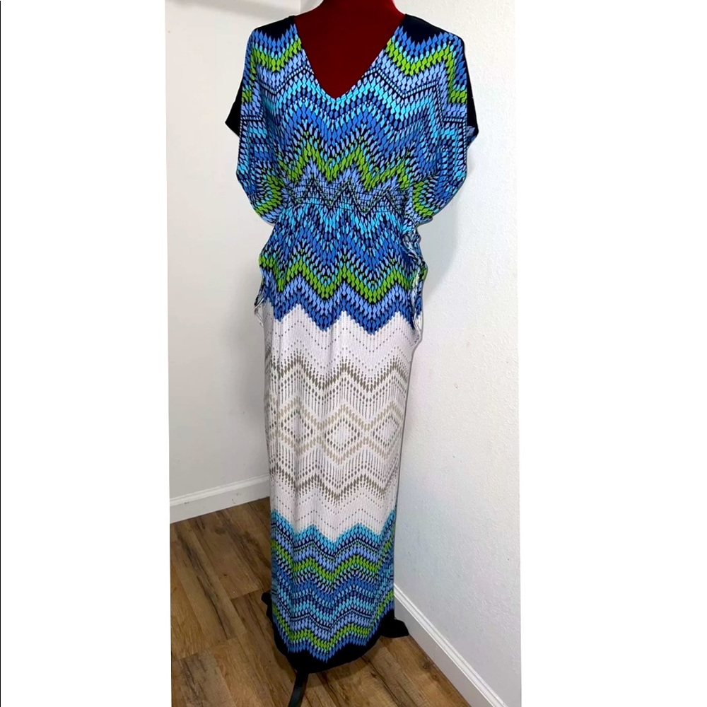 Roz & Ali Sz 8 Ruffle Sleeve Cinched Waist Krafton Dress Green White Blue V Neck